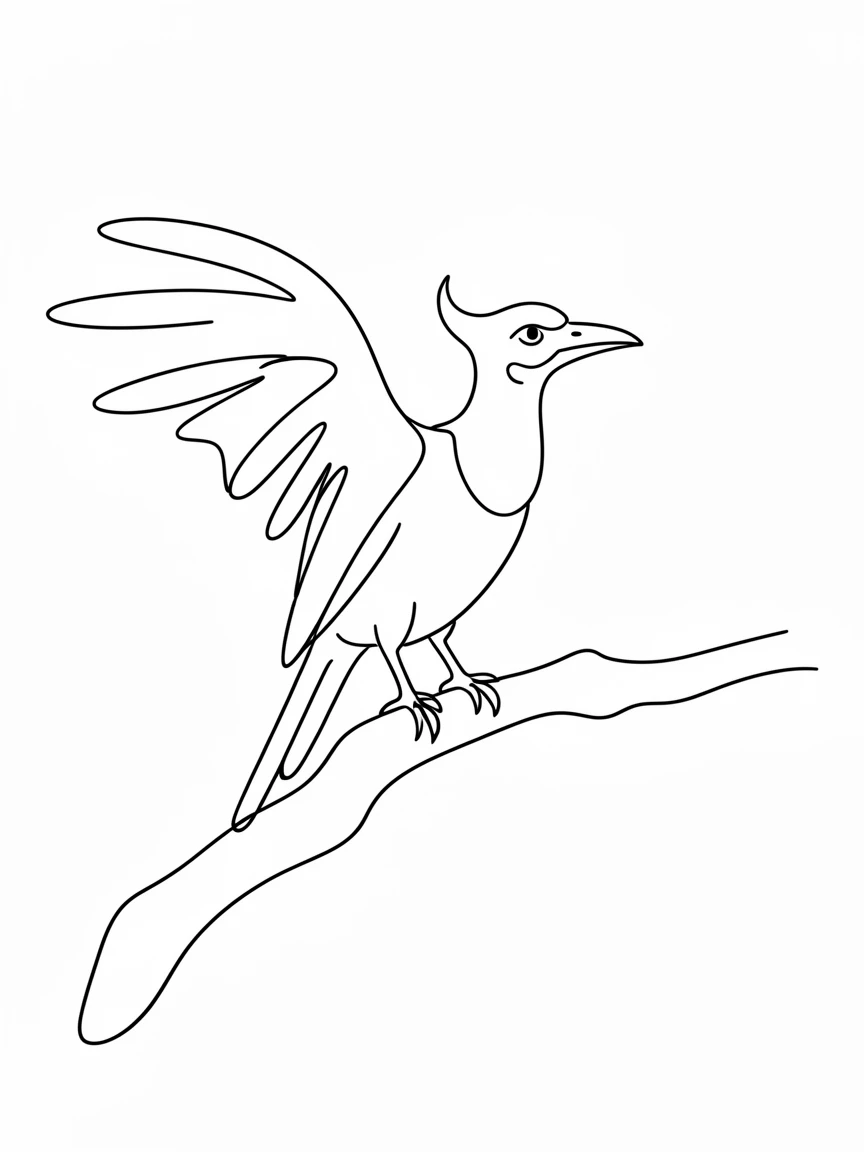 A Archaeopteryx perched on a branch with wings partially spread