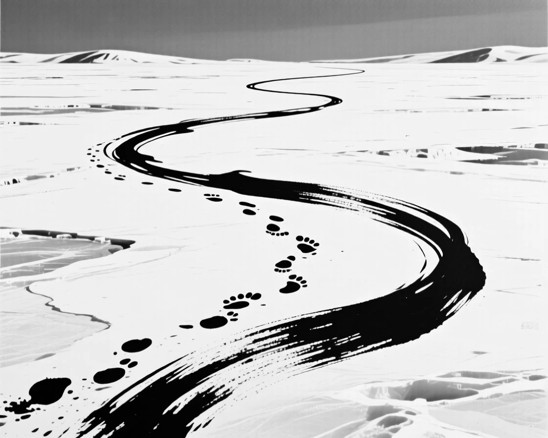 A vast icy tundra with a single set of animal tracks leading into the distance.