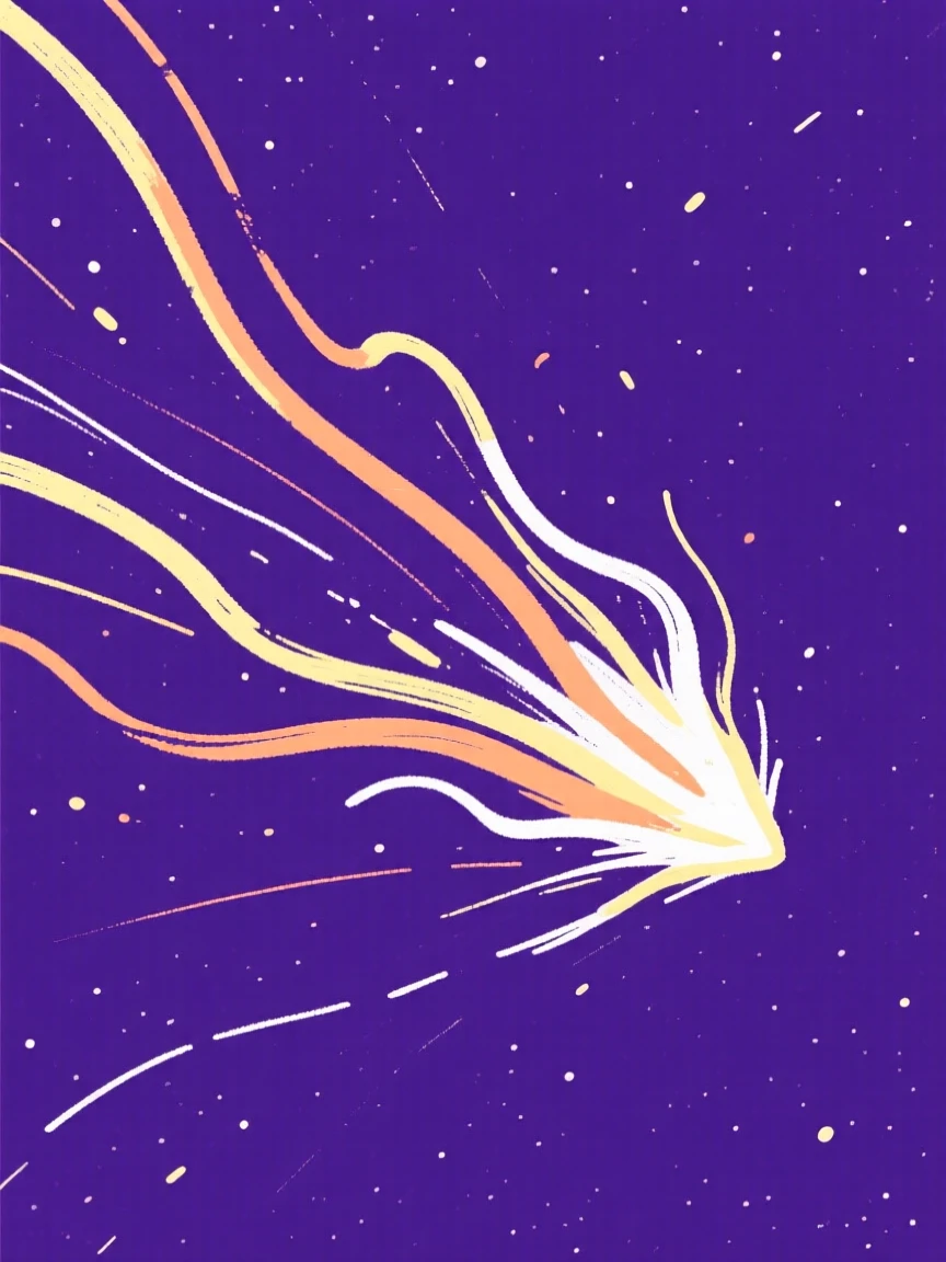 A comet streaking across a deep purple night sky.