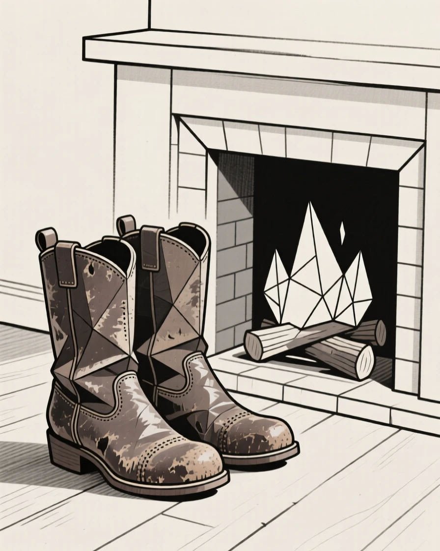 A pair of worn leather boots beside a fireplace