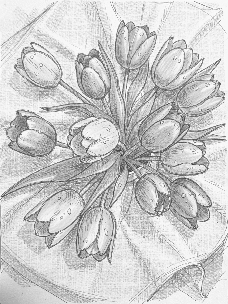 A close-up still life of a bunch of tulips in every color scattered across a linen tablecloth, with tiny water droplets clinging to the petals.