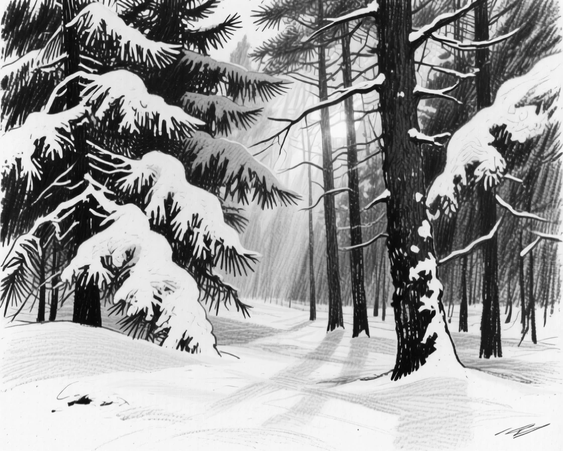 A pine forest blanketed in fresh snow with golden light streaming through the trees.
