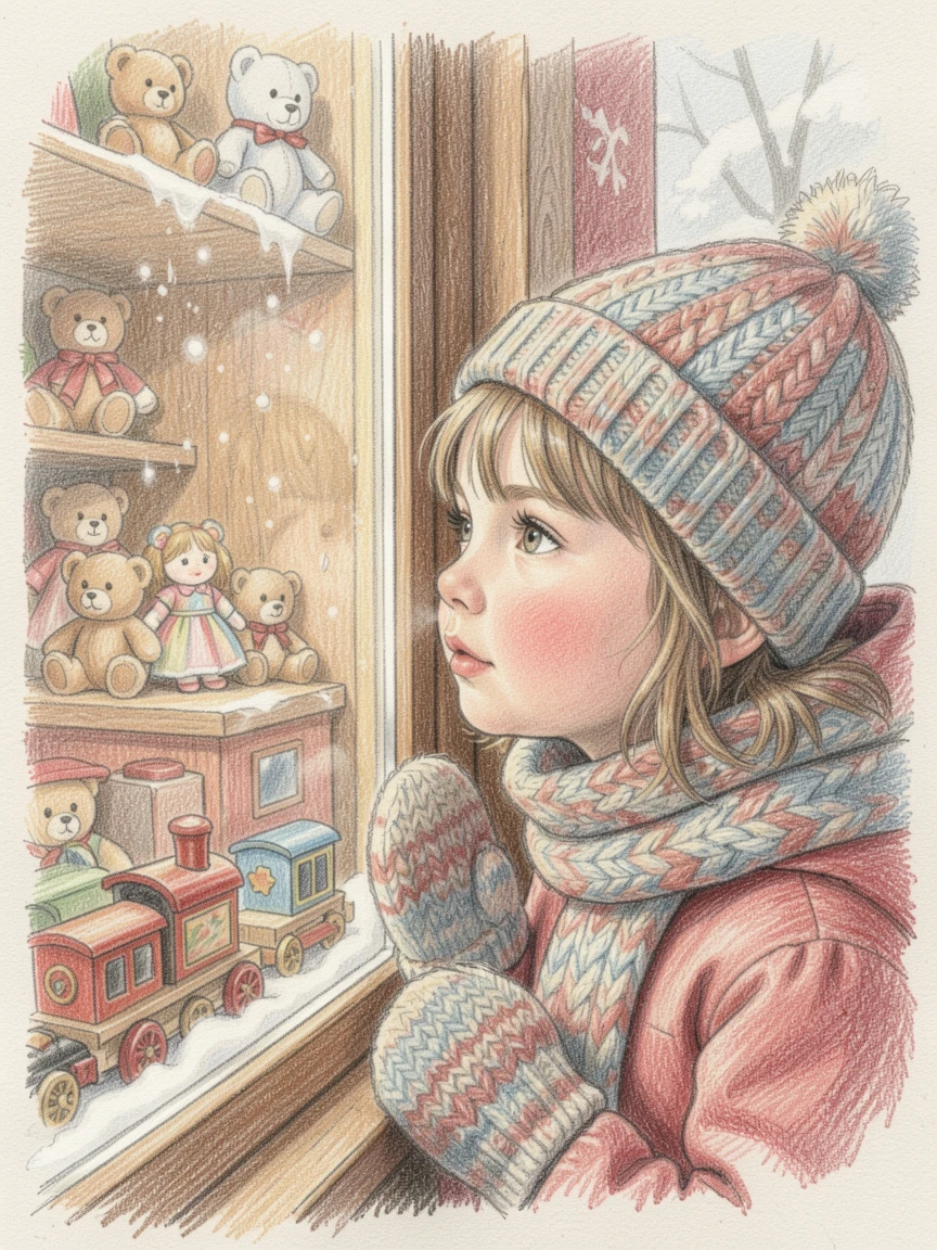 A child pressing her nose against a toy shop window in winter, with soft, natural lighting highlighting genuine emotion, full of storytelling depth and quiet charm.