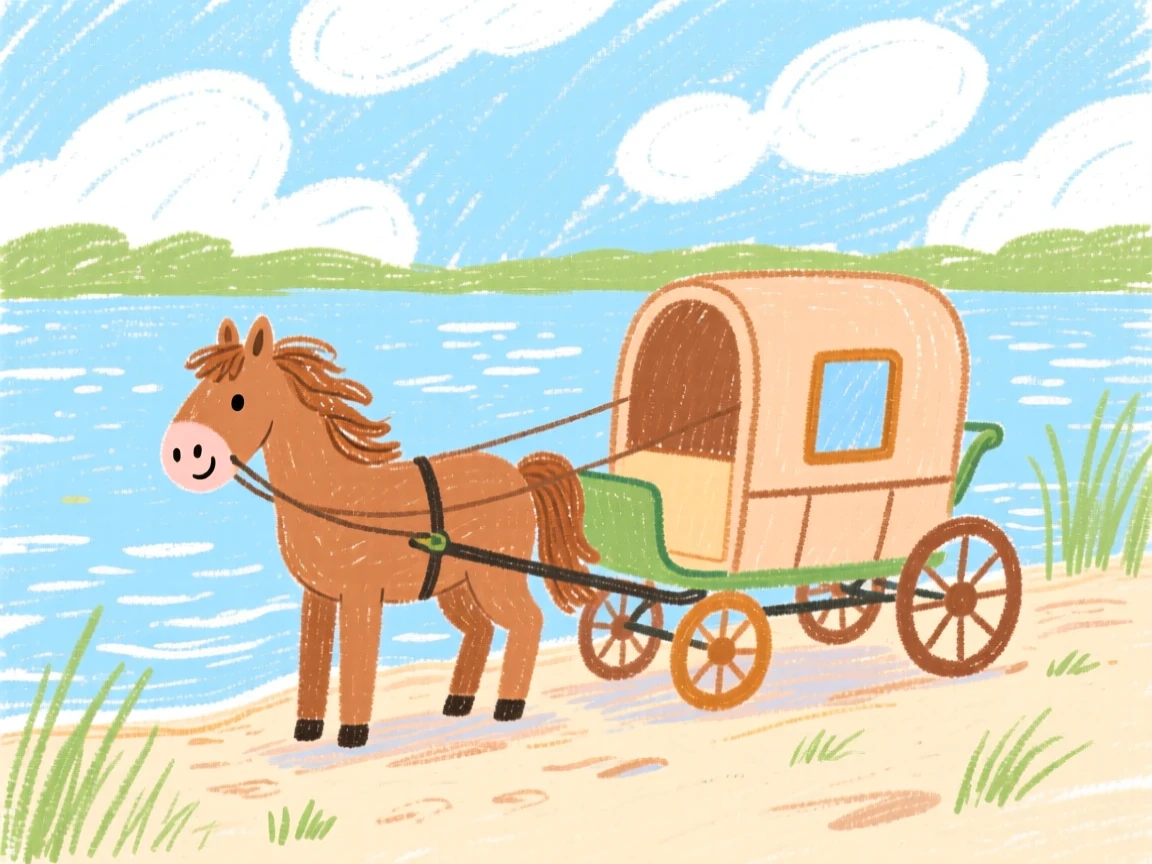 A horse drawn carriage resting on the shore of a calm lake.