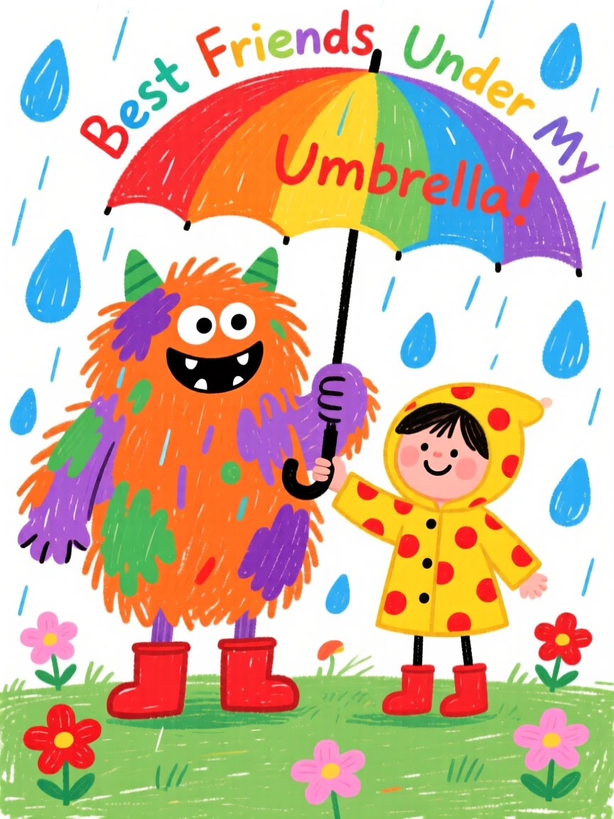 A friendly furry monster sharing an umbrella with a child in the rain.