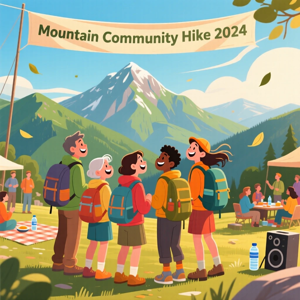 A group of hikers pausing to admire a mountain vista, at a cheerful outdoor community gathering, framed with warm, natural lighting highlighting genuine emotion, with small joyful details like flying hair or bright laughter.