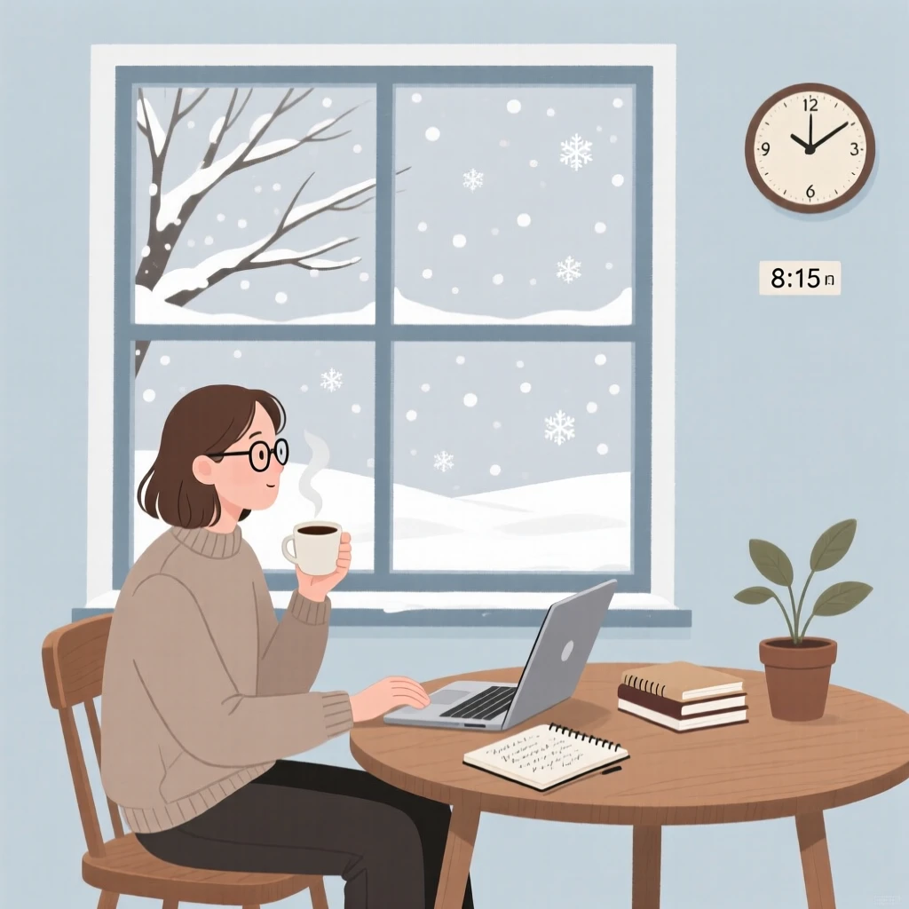A novelist enjoying a quiet cup of coffee by a window on a snowy morning.