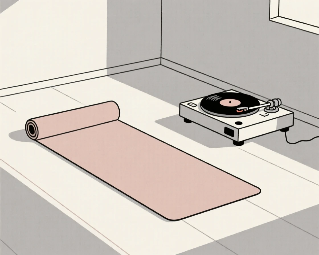 A morning scene of yoga mat on the floor resting in a minimalist studio beside a vinyl record player, radiating gentle routine.