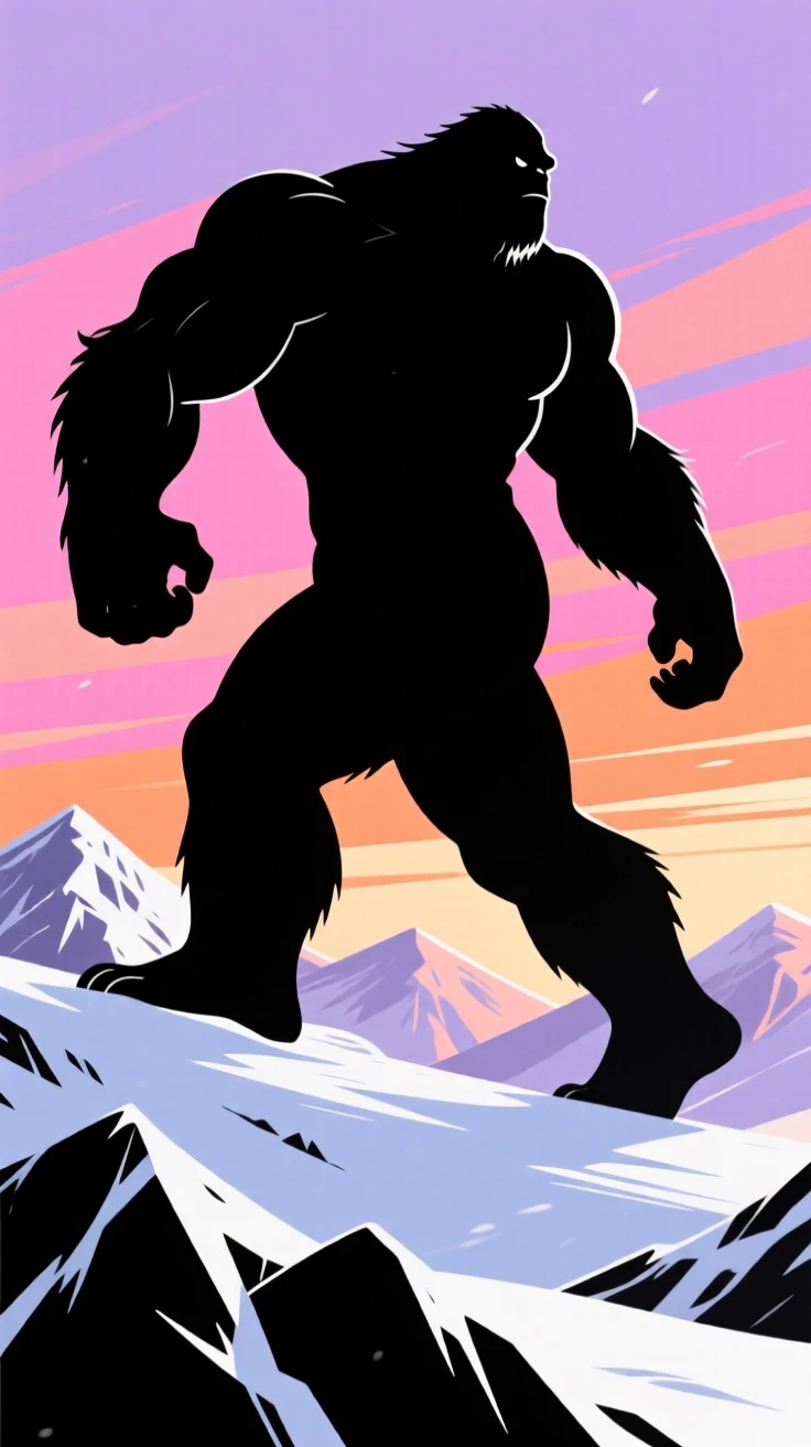 A frost giant striding across a snow-covered mountain range.