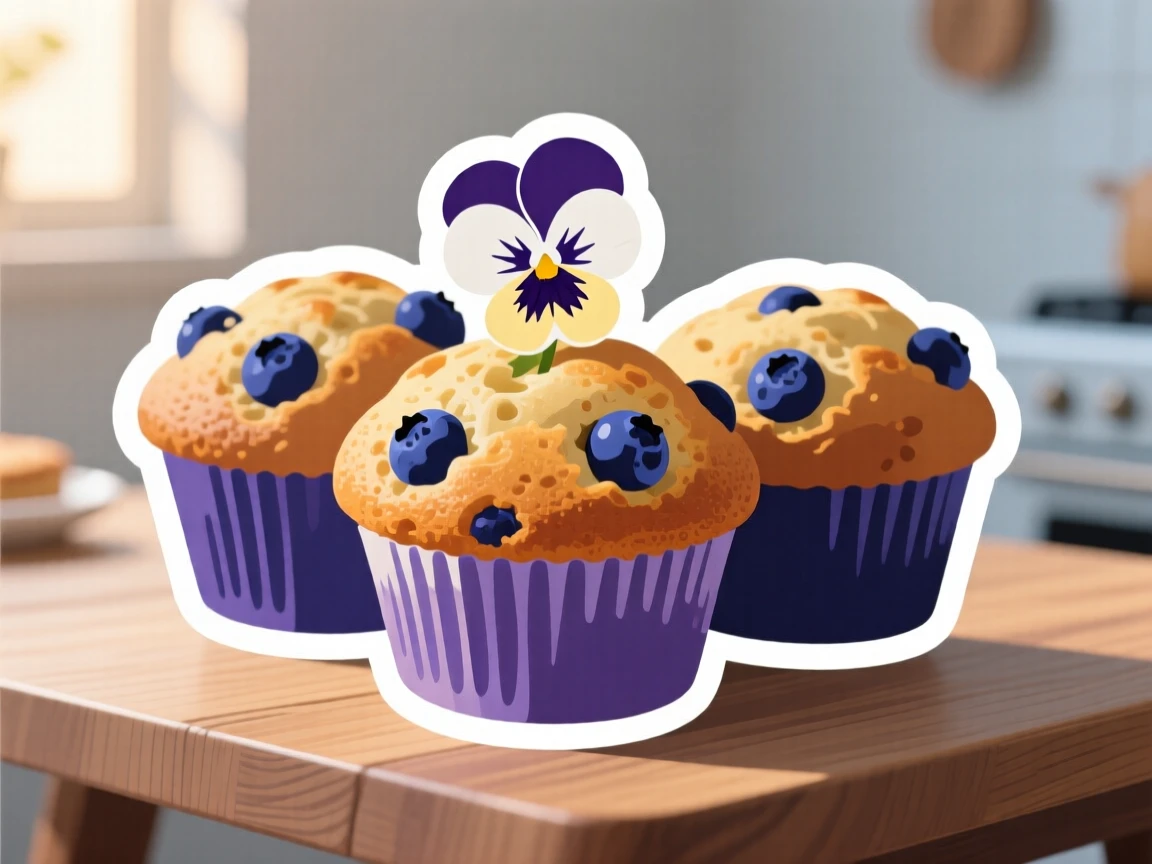 A picture-perfect cluster of blueberry muffins, topped with a single edible flower, in a cozy kitchen during breakfast.