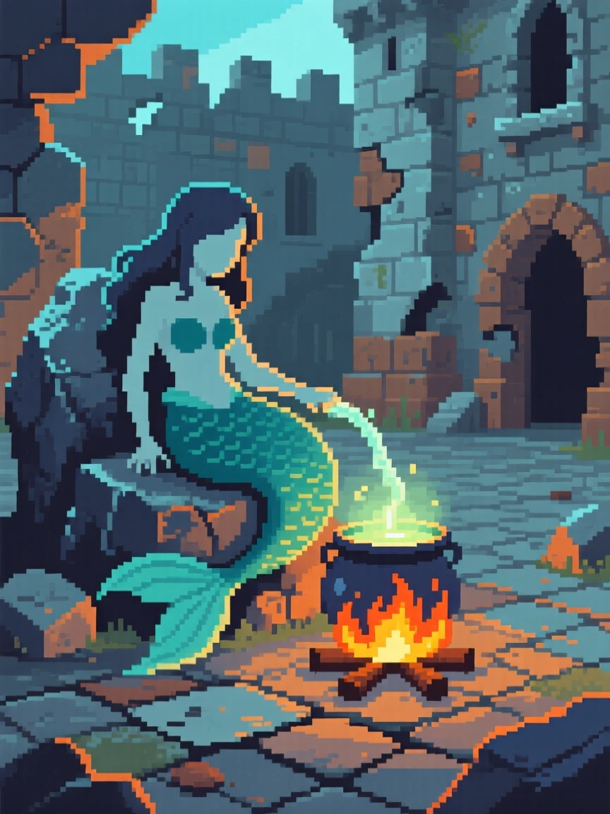A mermaid resting on a rock brewing a glowing potion over a small fire, inside a crumbling castle courtyard.