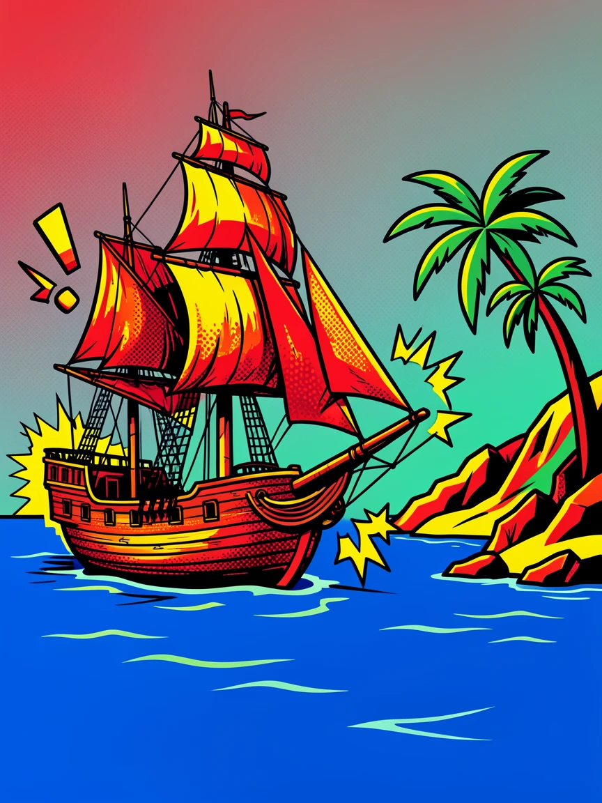 An old wooden ship anchored beside a mysterious island cove