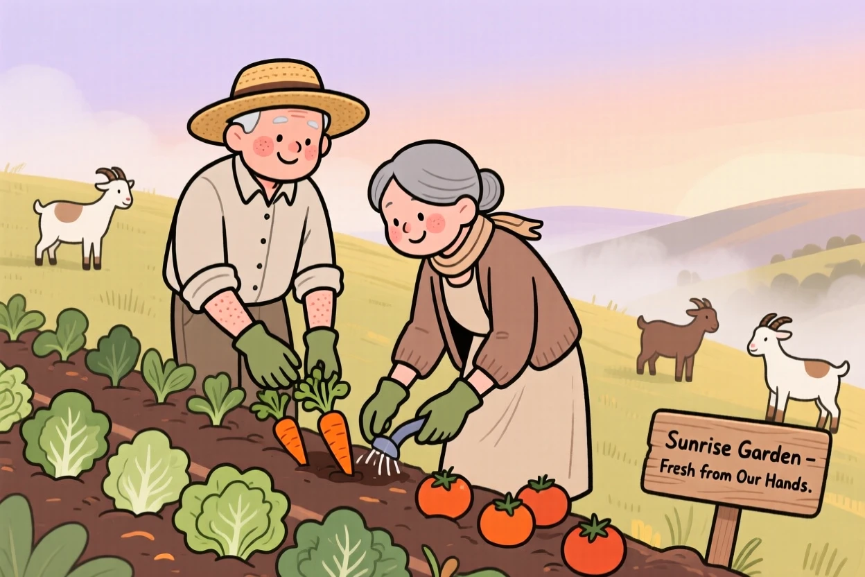 A elderly couple tends rows of fresh vegetables on a hillside field as goats wander nearby and the morning mist begins to lift.