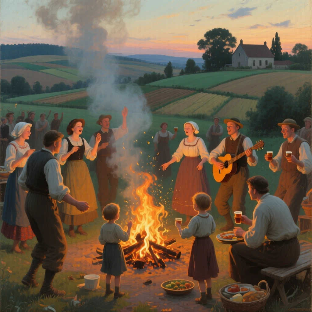 A balanced composition of villagers gathered around a bonfire celebrating the summer solstice, in the French countryside, in the interwar years.