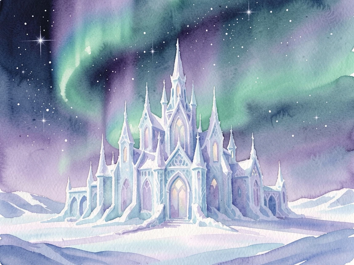A snow queen's ice palace glittering under the northern lights with a gentle magical glow illuminating the scene.