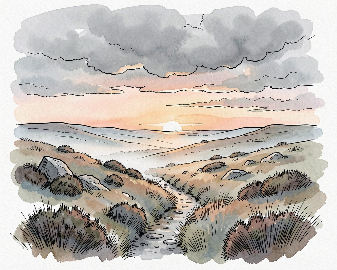 A misty highland moor stretching beneath a brooding grey sky, the last rays of sunset painting the sky in warm color.
