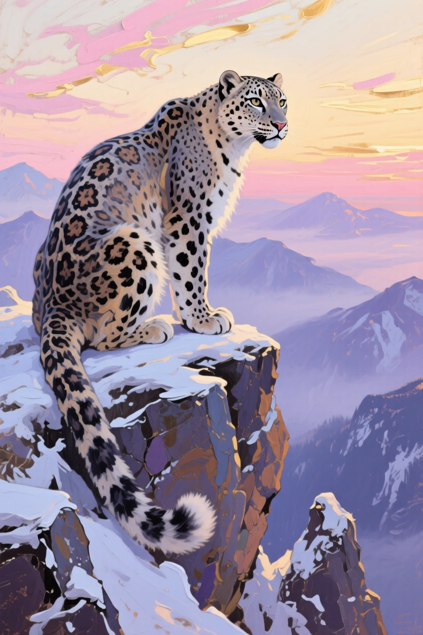 a snow leopard watching from a high ledge, at dawn, with a clear foreground, subject, and distant setting.