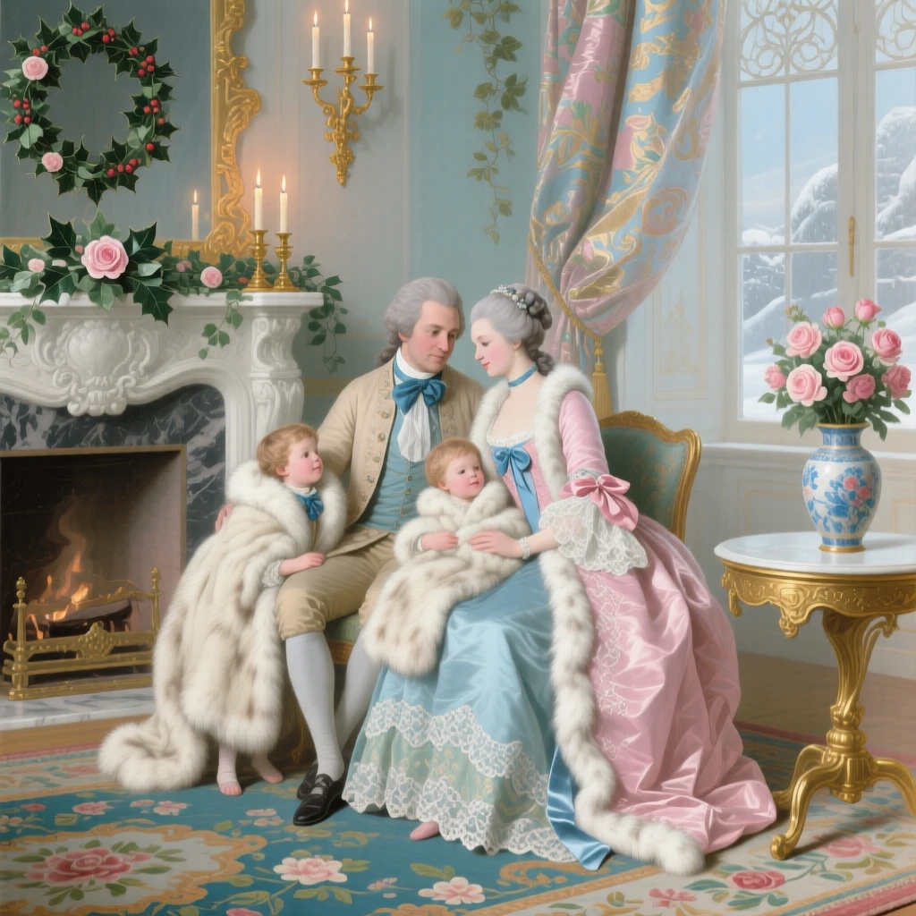 A winter family portrait wrapped in furs beside a decorated hearth  