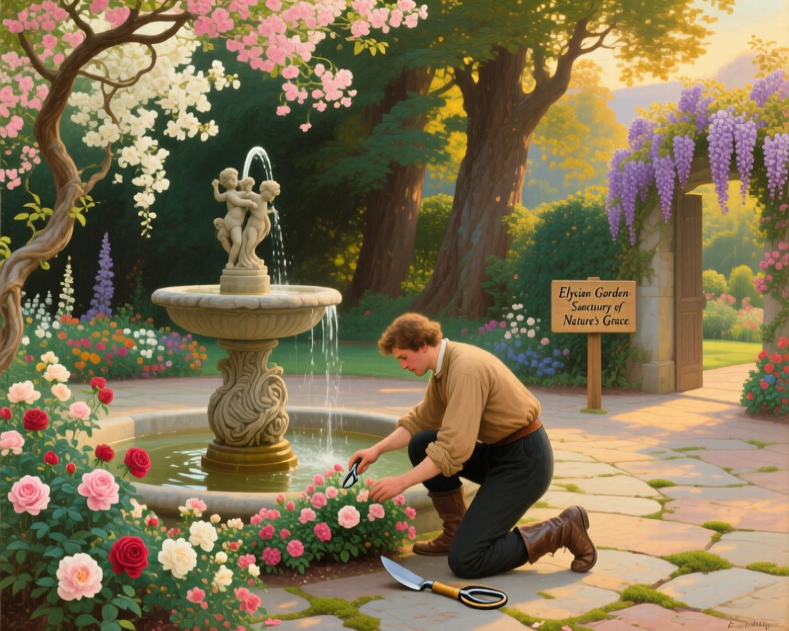 A gardener tends the flowers of a garden courtyard with a bubbling fountain beneath a canopy of blossoms.