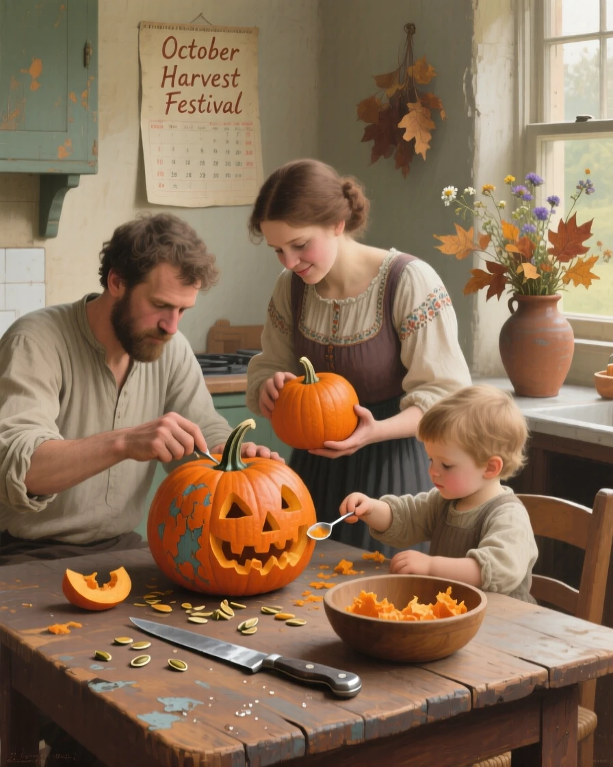 A young family carving pumpkins together at the kitchen table, with small, authentic details that make the moment feel real, celebrating the simple, universal joys of family life