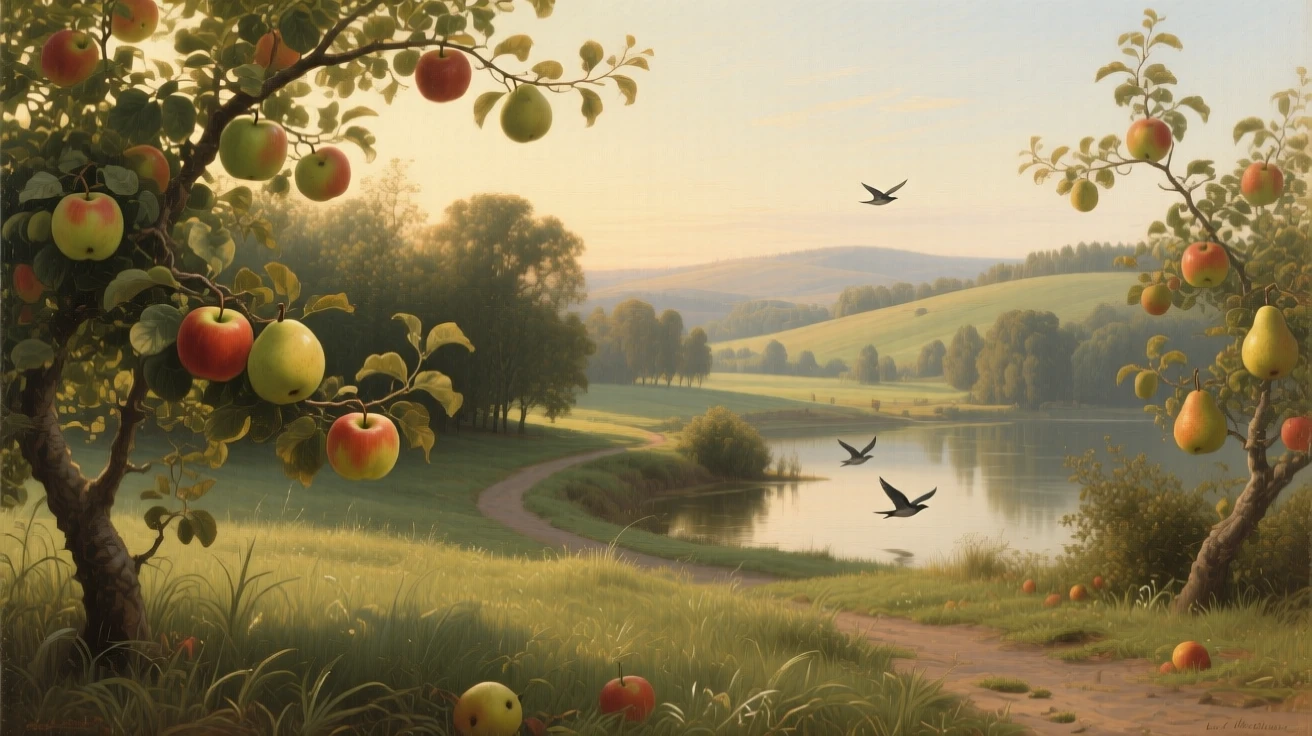 A secluded orchard heavy with ripe fruit in late summer light holding the hush of early morning before the world awakens, set within reach of a winding country path, with birds gliding low over the water and long shadows stretching across the grass; foreground detail frames a sweeping, luminous background, radiating the serene majesty of untouched nature.