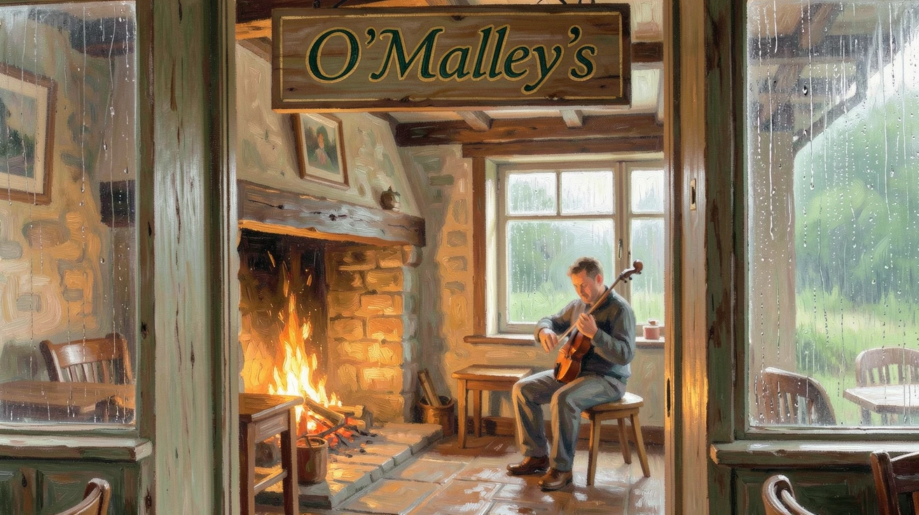 A traditional Irish pub with a fiddler playing beside a crackling peat fire on a rainy evening.