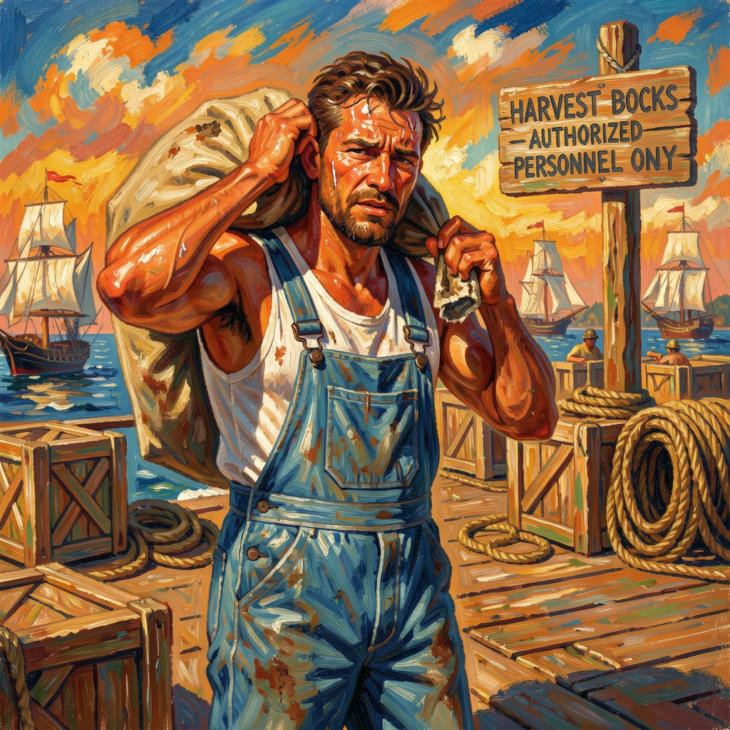 A dockworker pausing mid-task, wiping sweat from his brow beneath a blazing summer sun.