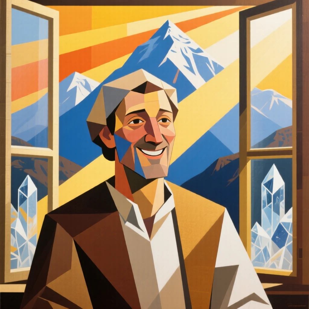 A medium shot of a mountain shepherd smiling gently as morning light spills through tall windows.