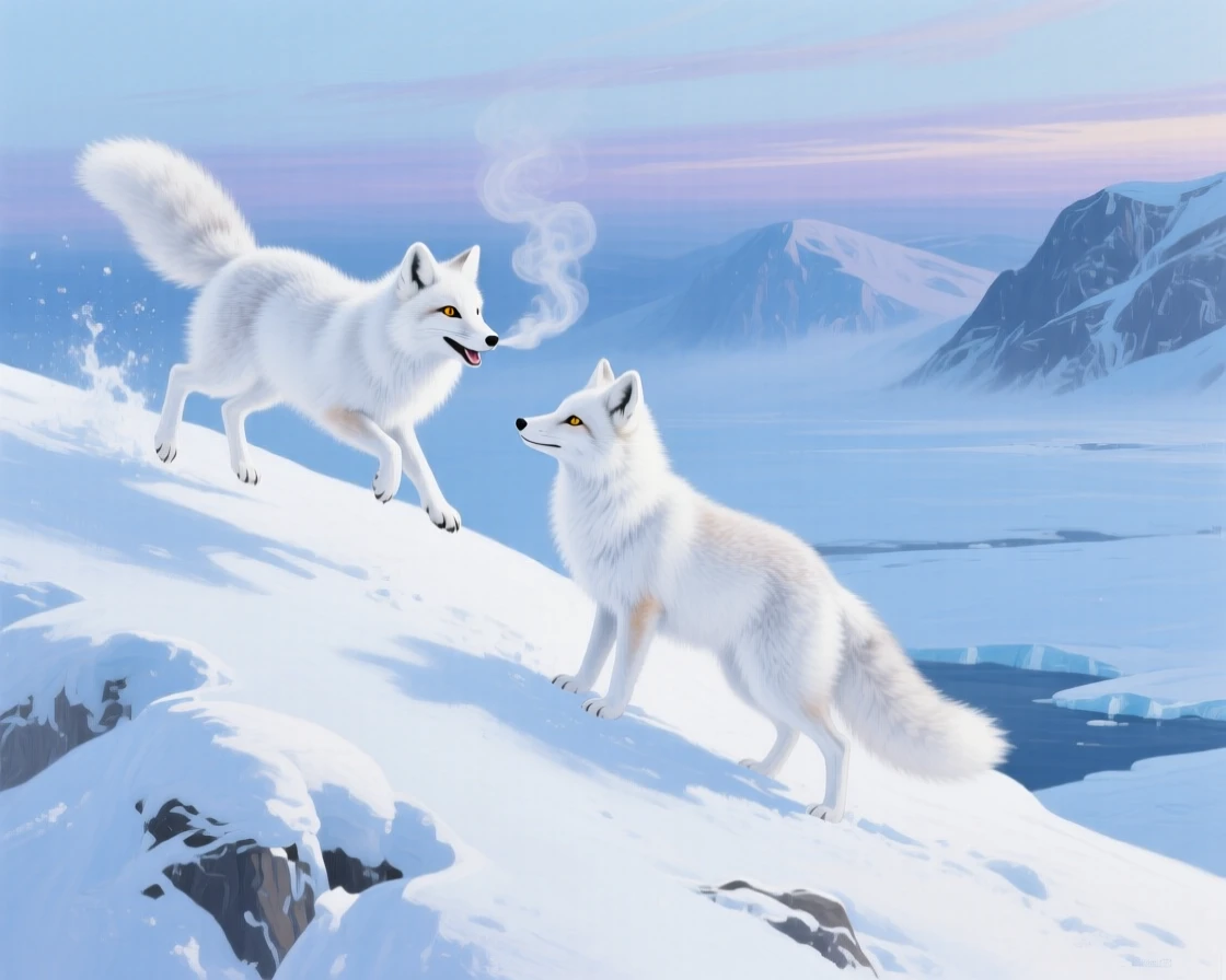 A pair of Arctic foxes in white winter coats play together on a snowy ridge in Svalbard, their breath visible against the pale blue polar light, its expression conveying a quiet intelligence as it surveys the world around it.