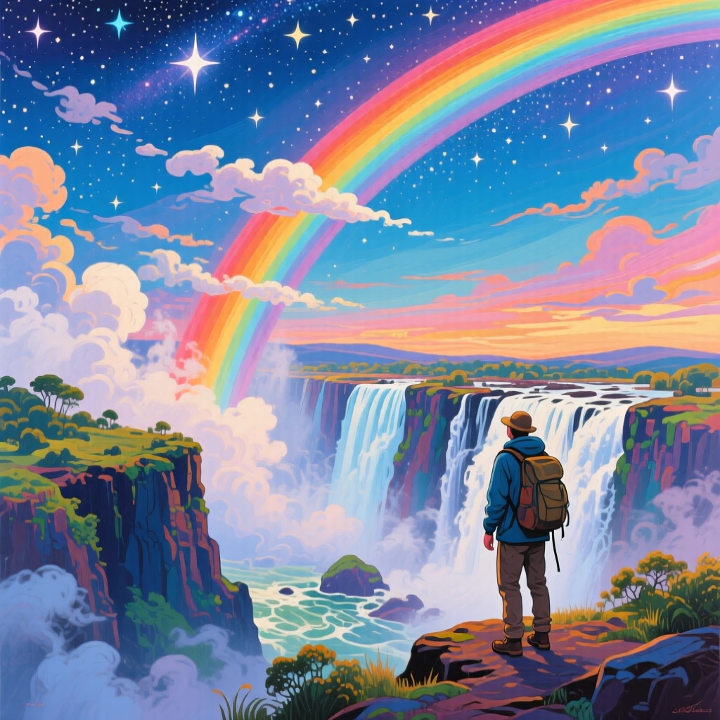 Victoria Falls sending clouds of mist into a rainbow-streaked sky, under a blanket of stars, a lone traveler pausing to take in the view