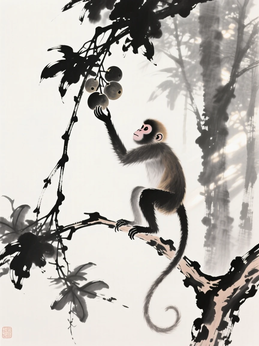 A monkey reaches for fruit hanging from a high branch, as the afternoon sun filters through the trees.