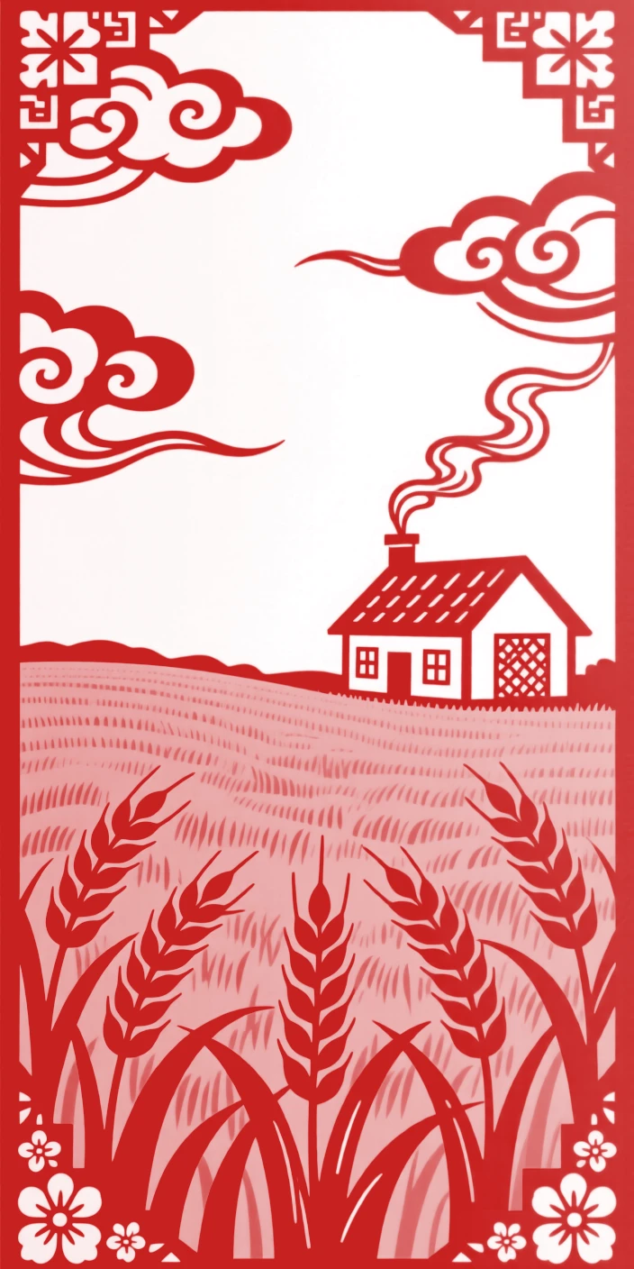 A vast field of golden wheat rippling beneath a wide open sky, a farmhouse with a curling smoke trail nestled at the field's edge