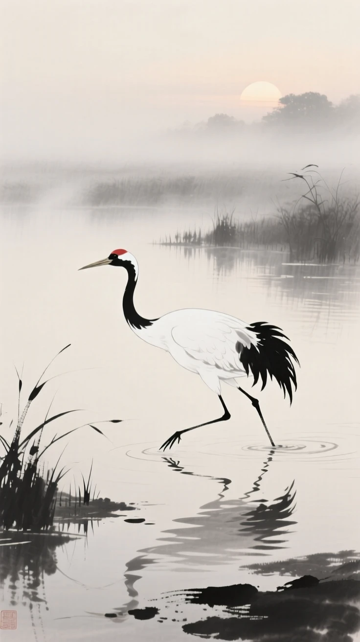 A crane skimming the surface of a quiet pond above a misty wetland at dawn, seen up close with delicate feather detail, carrying a quiet, poetic stillness.