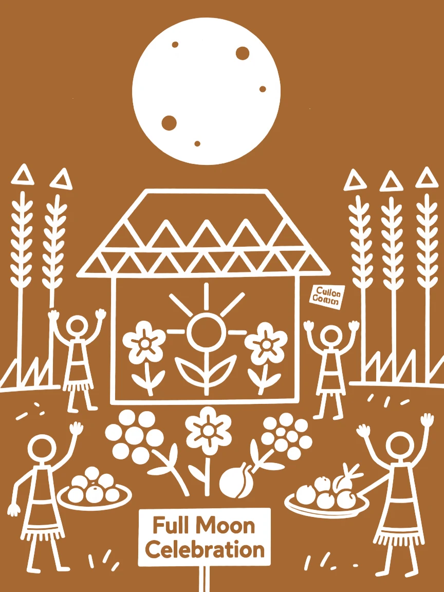 A full moon celebration celebrated as offerings of fruit and flowers are placed before a shrine.