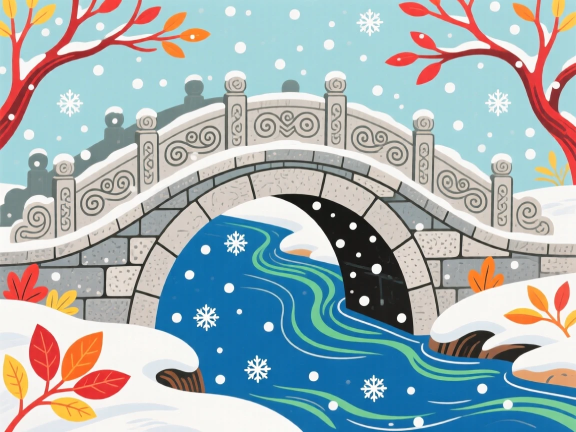 A stone bridge arching over a quiet stream during a gentle snowfall.