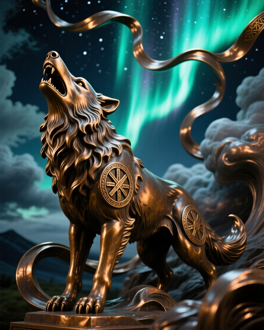 A norse wolf howling beneath the northern lights, framed by dramatic storm clouds, radiating awe and grandeur