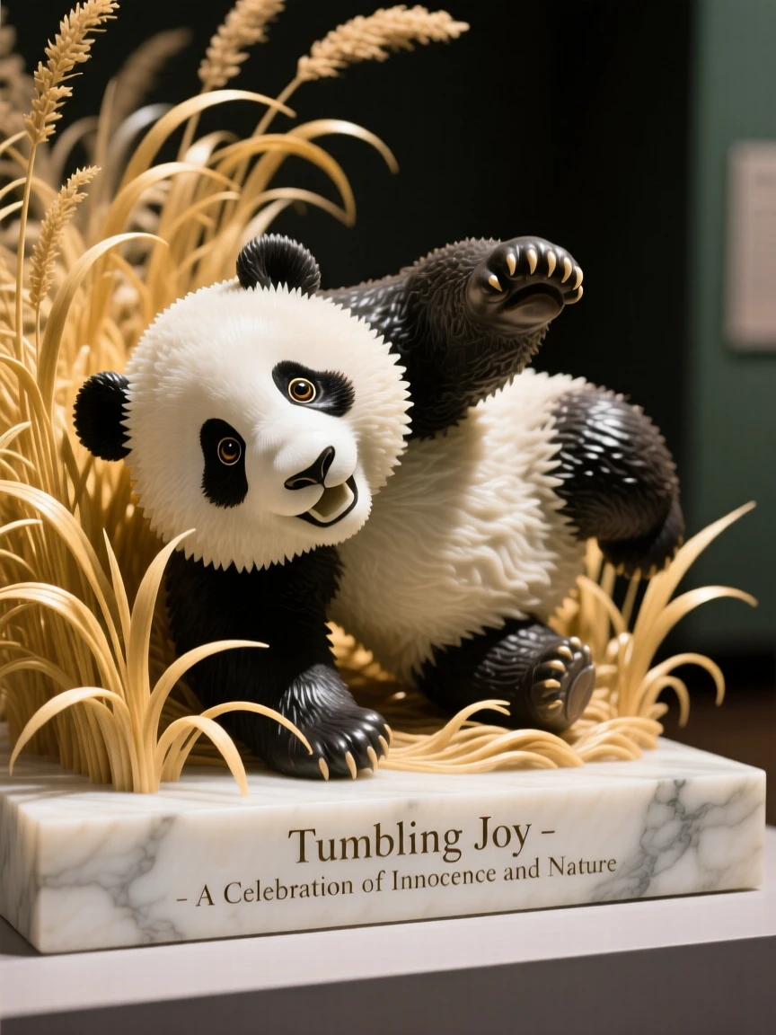 A striking close-up of a panda cub tumbling in the grass, full of life and grace, in golden savanna grass