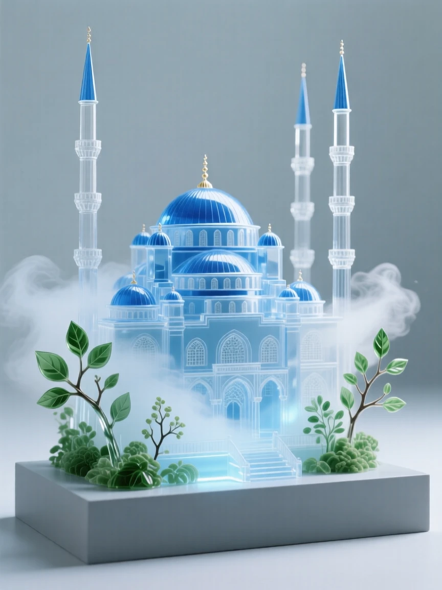 The Blue Mosque's domes and minarets surrounded by lush greenery and soft morning mist, wide establishing composition, feeling serene and majestic.