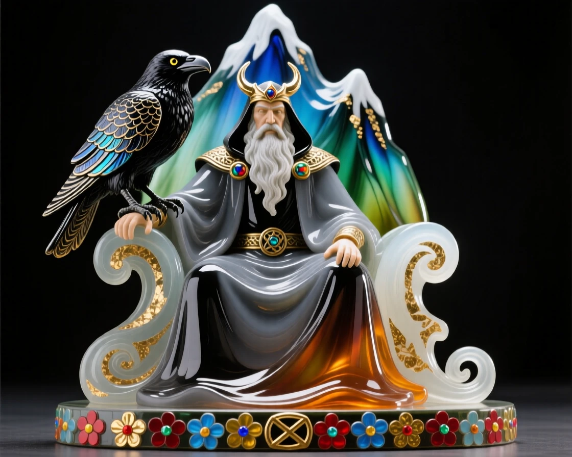 A Norse raven perched on Odin's shoulder atop a mountain throne, wise and mysterious.
