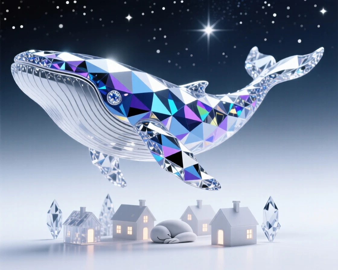 A colossal whale spirit swimming through a starlit sky above a sleeping village.