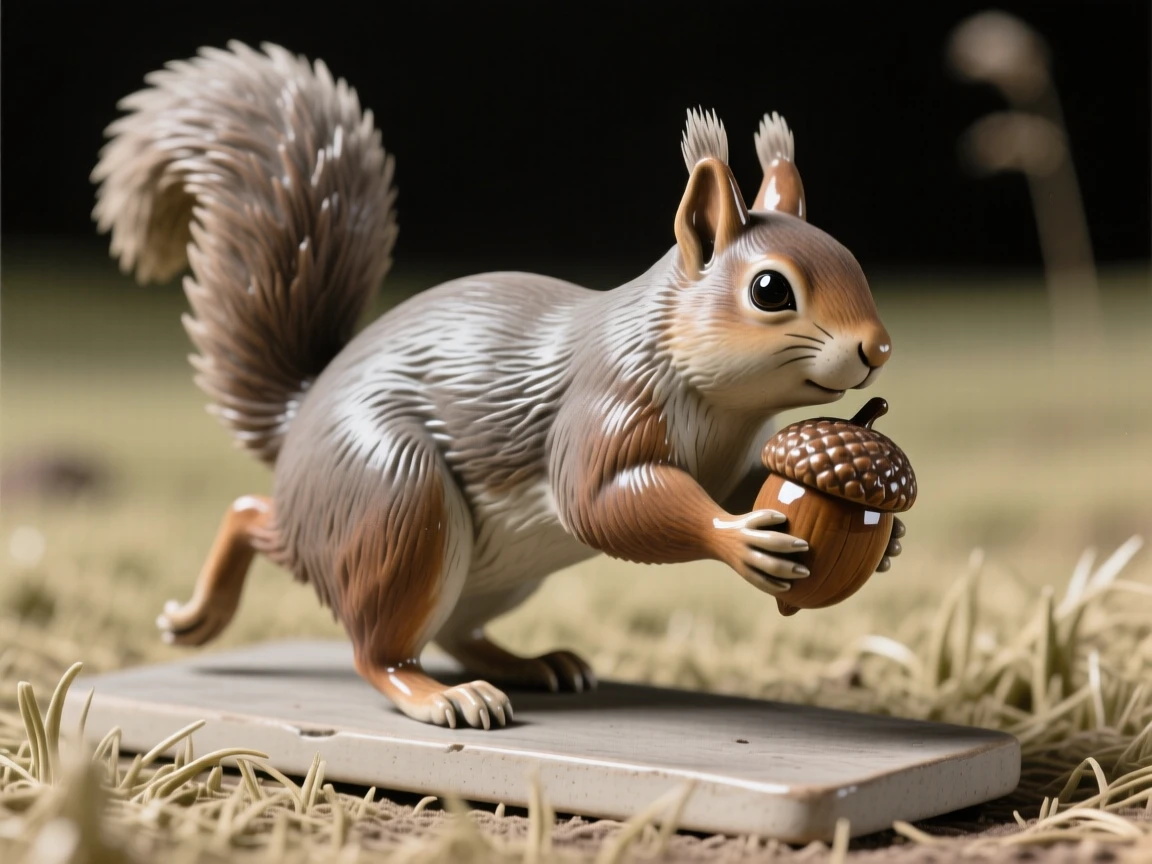 A squirrel clutching an acorn captured mid-stride across an open field, with wind rippling through its fur, suggesting a deep bond between mother and young.