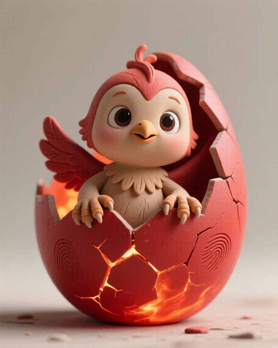 A baby phoenix hatching from a glowing ember-red egg
