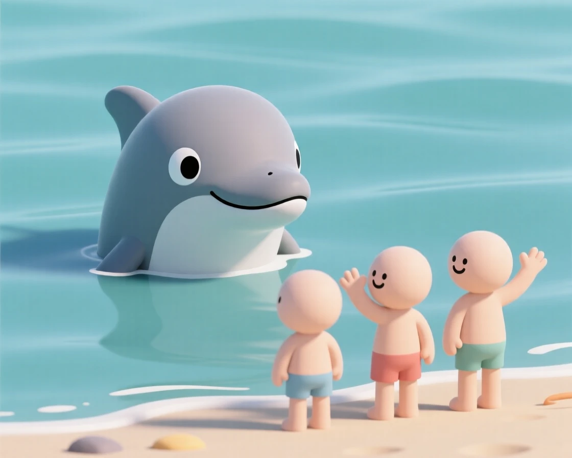 A curious dolphin pokes its head above the water, chattering happily at a group of delighted beachgoers.
