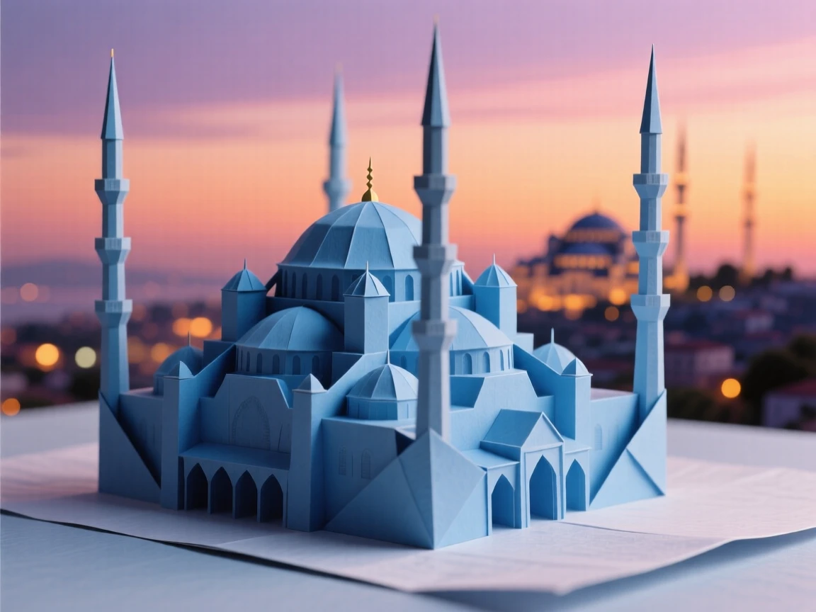 The Blue Mosque's domes and minarets silhouetted against an Istanbul sunset.