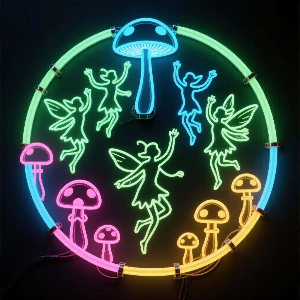 A colony of forest sprites dancing in a ring of mushrooms.