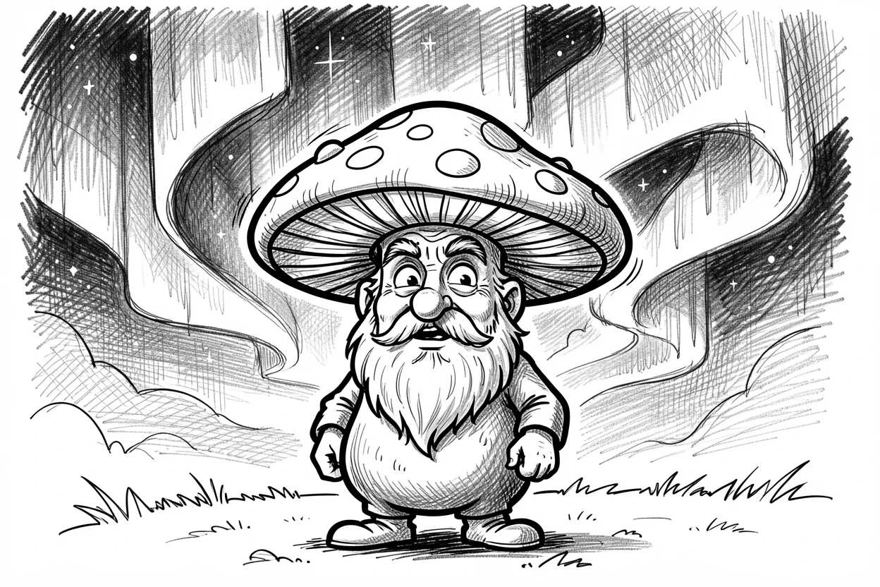A talking mushroom village elder under an aurora-filled night sky.