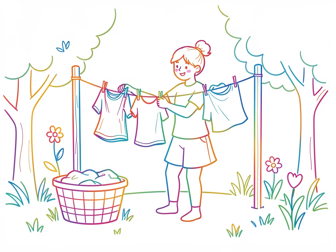 A person doing laundry, hanging clothes on a line in a sunny backyard.