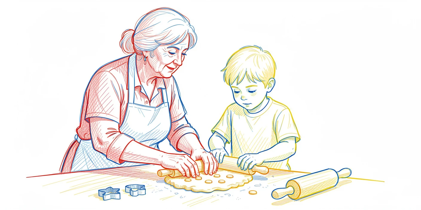 A grandmother and grandson baking cookies together, flour dusting the counter