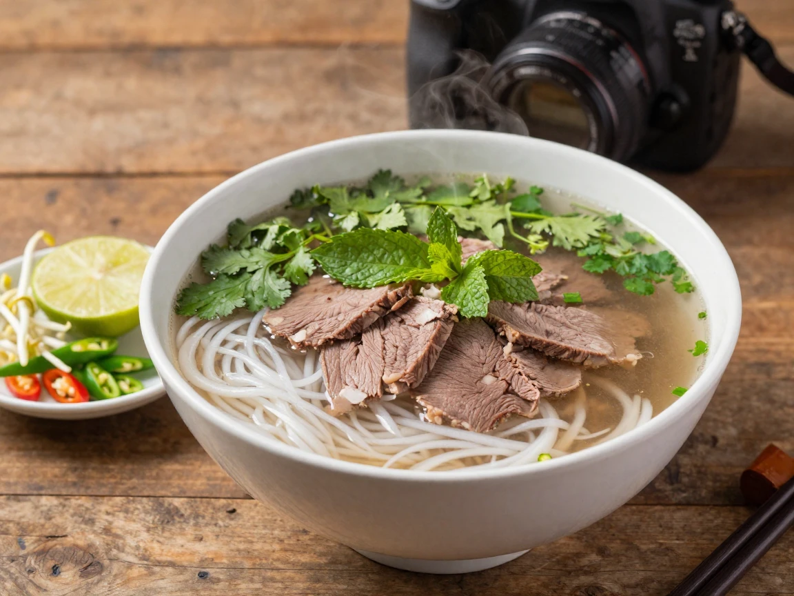 A bowl of pho with fresh herbs and lime