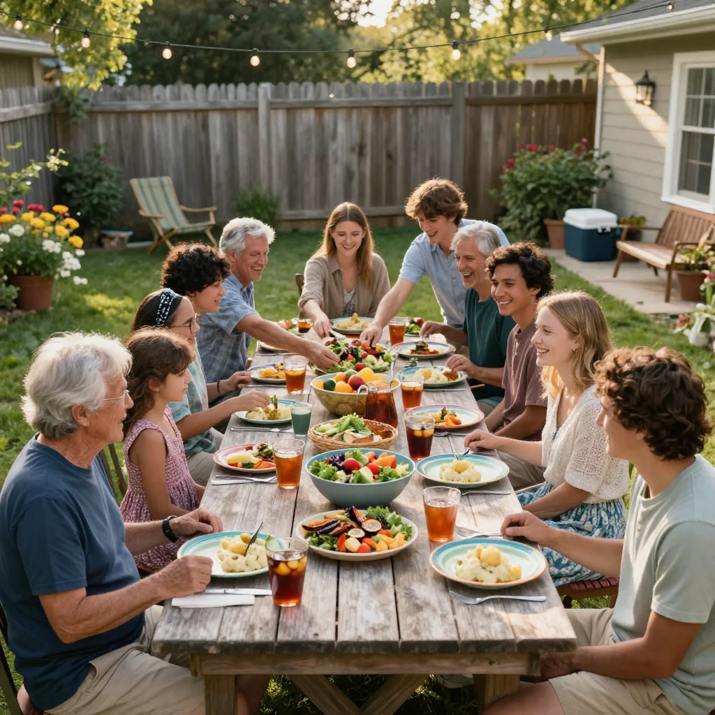 An extended family crowds around a long outdoor table passing dishes during a backyard reunion.